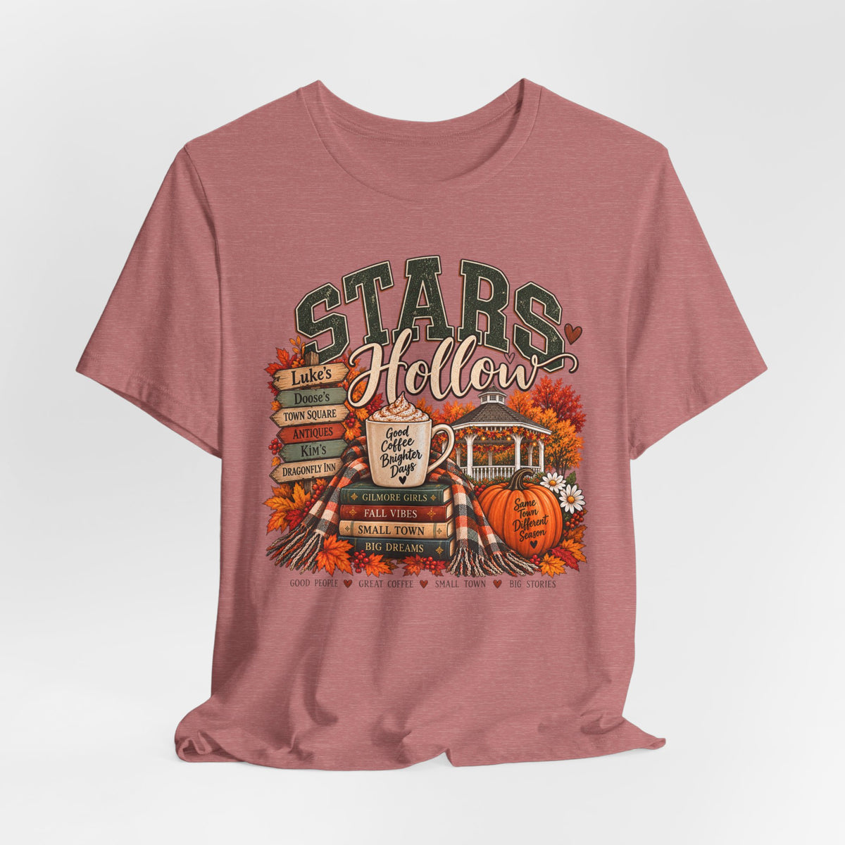 Stars Hollow Tee | Cozy Fall Coffee, Book Stack, Pumpkin Porch Design