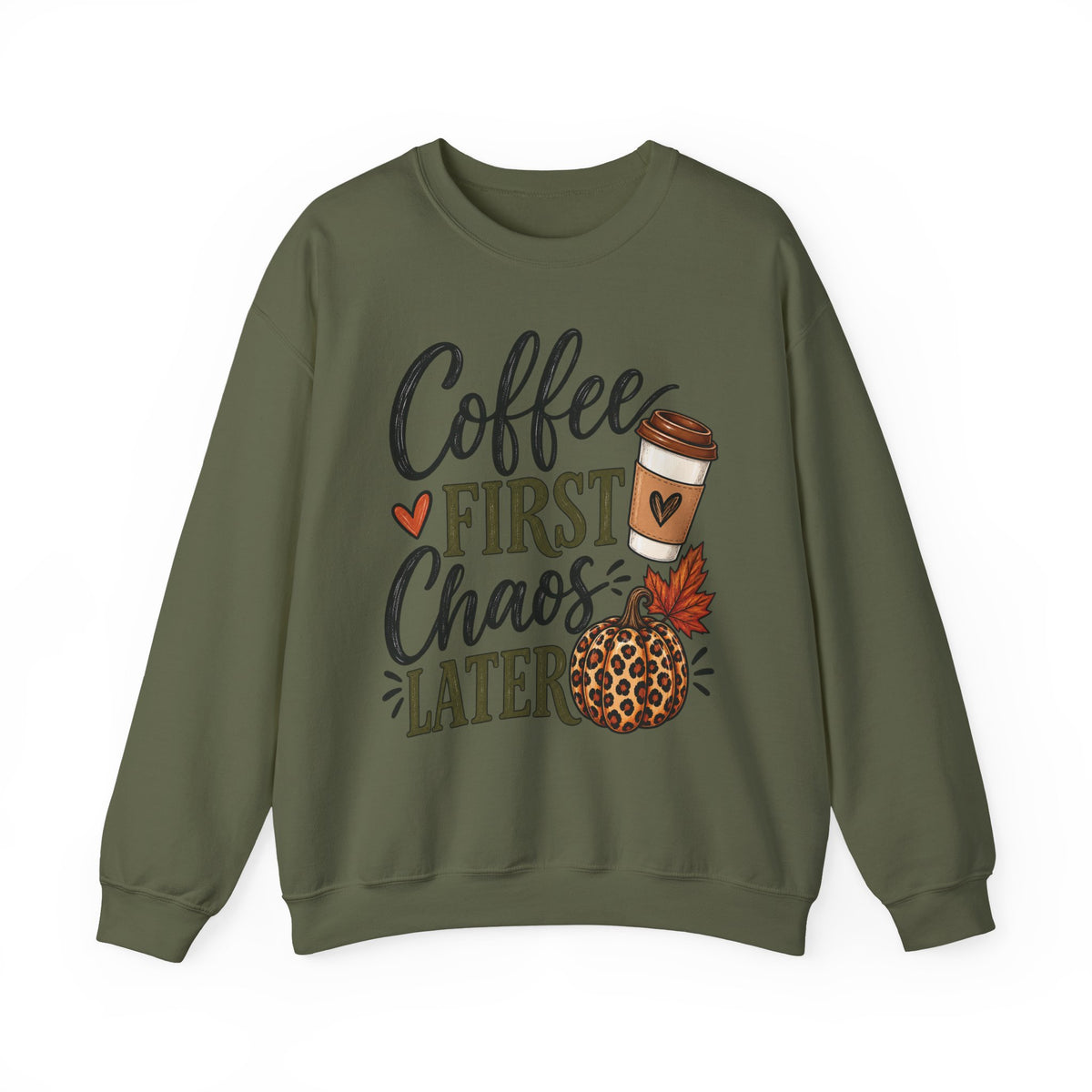 Coffee First Chaos Later Sweatshirt | Autumn Coffee Cup Leopard Pumpkin Design