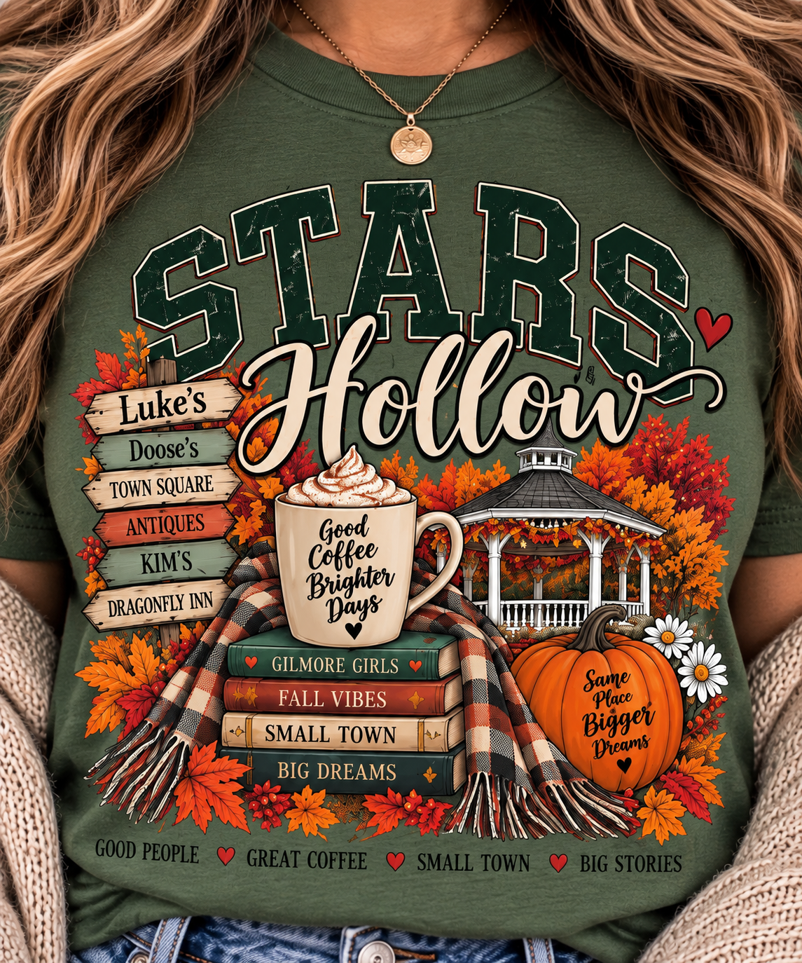 Stars Hollow Tee | Cozy Fall Coffee, Book Stack, Pumpkin Porch Design