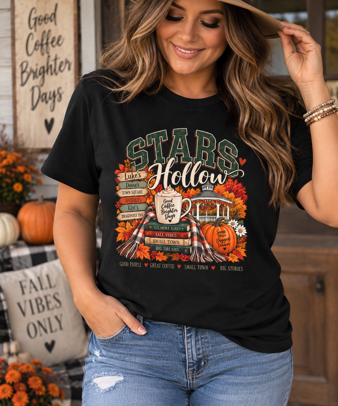 Stars Hollow Tee | Cozy Fall Coffee, Book Stack, Pumpkin Porch Design