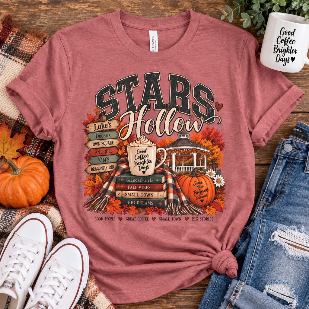 Stars Hollow Tee | Cozy Fall Coffee, Book Stack, Pumpkin Porch Design