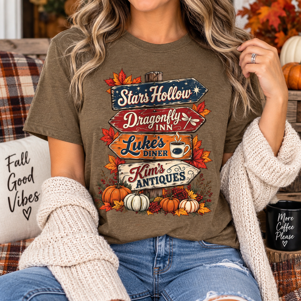 Stars Hollow Autumn Roadsign Pumpkins T-Shirt | Small Town Fall Tee