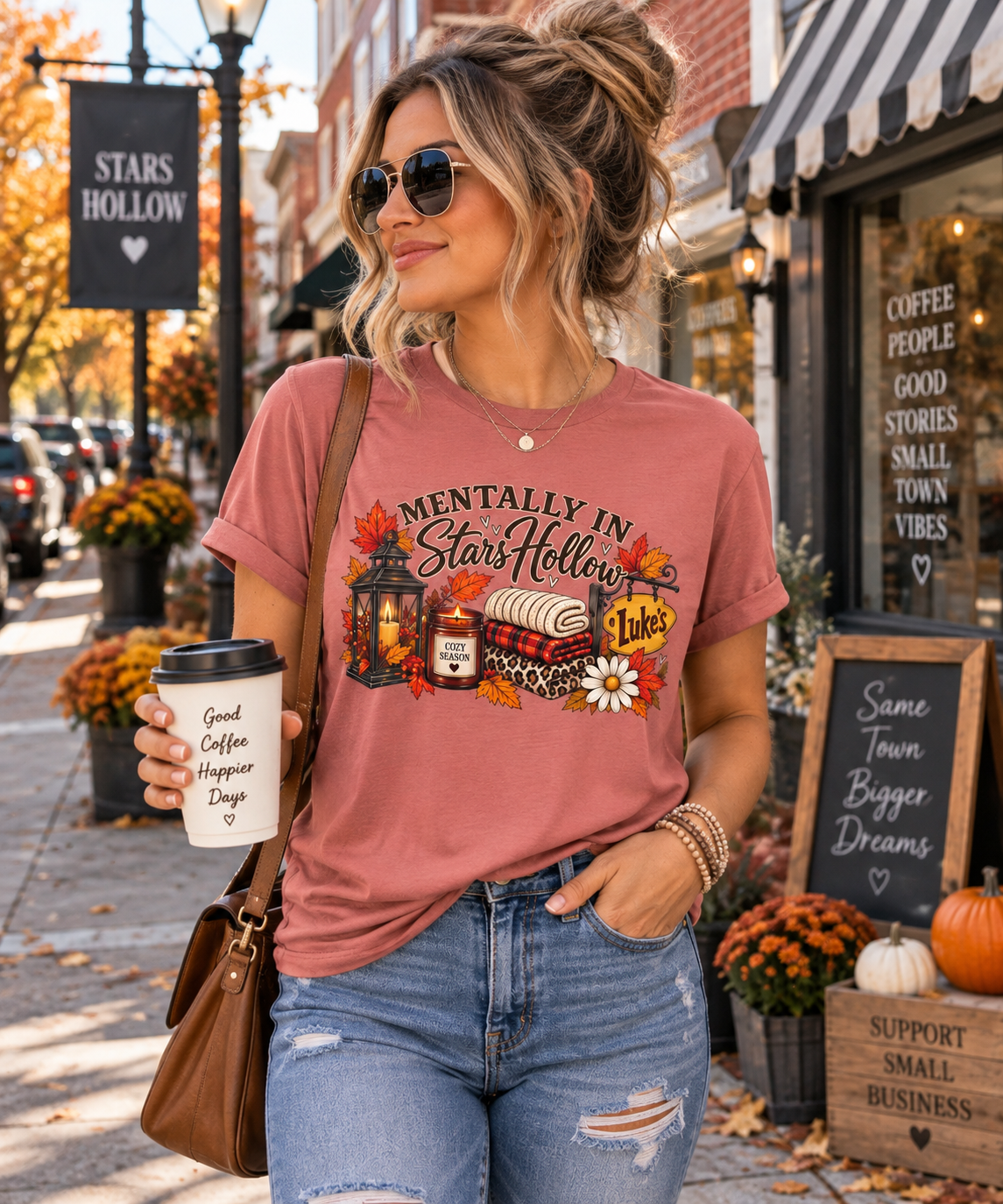 Mentally in Stars Hollow T-Shirt | Cozy Fall Coffee, Lantern, Diner Sign