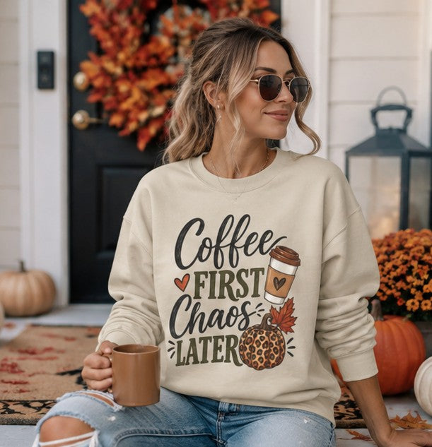 Coffee First Chaos Later Sweatshirt | Autumn Coffee Cup Leopard Pumpkin Design