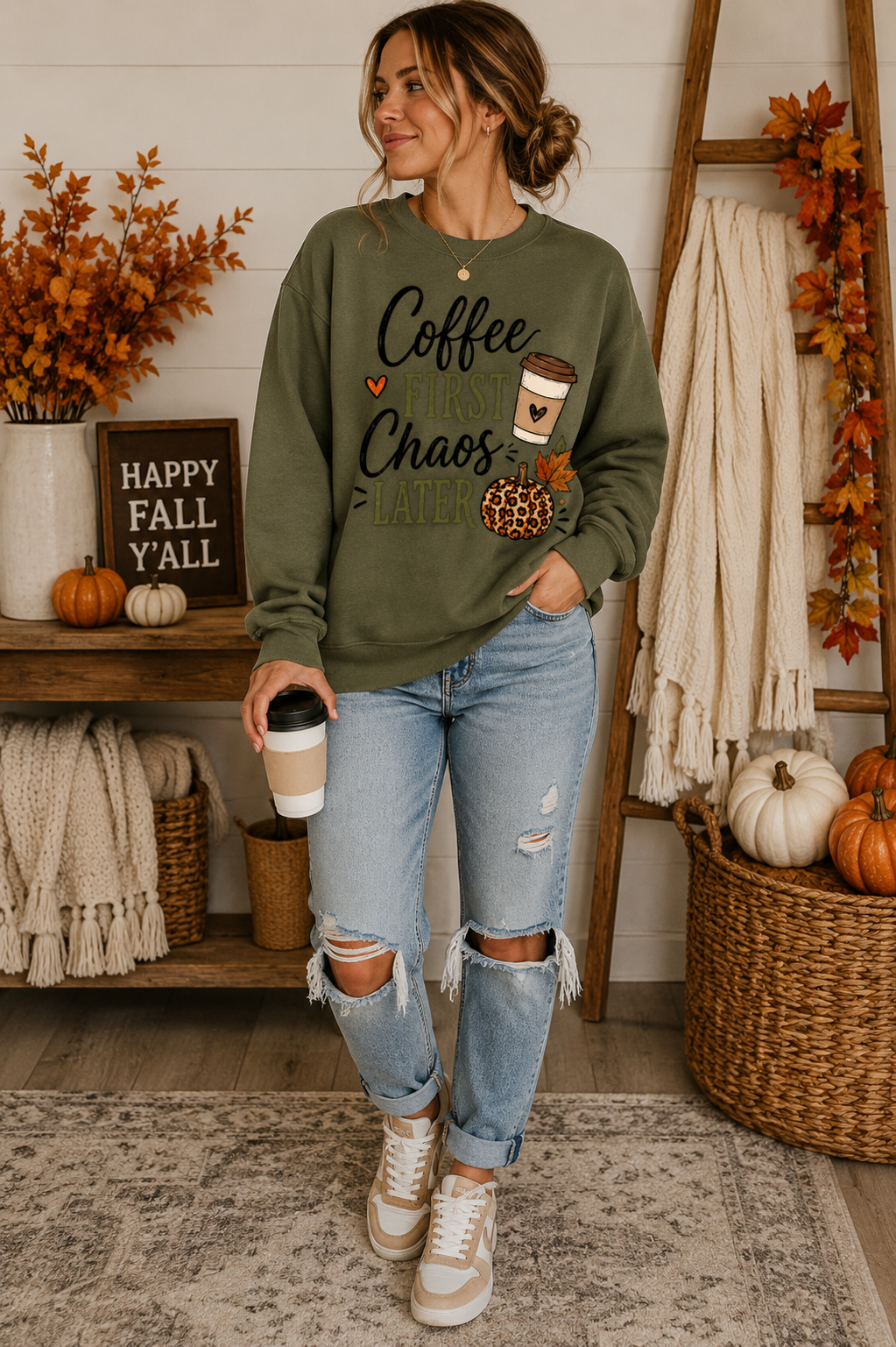 Coffee First Chaos Later Sweatshirt | Autumn Coffee Cup Leopard Pumpkin Design