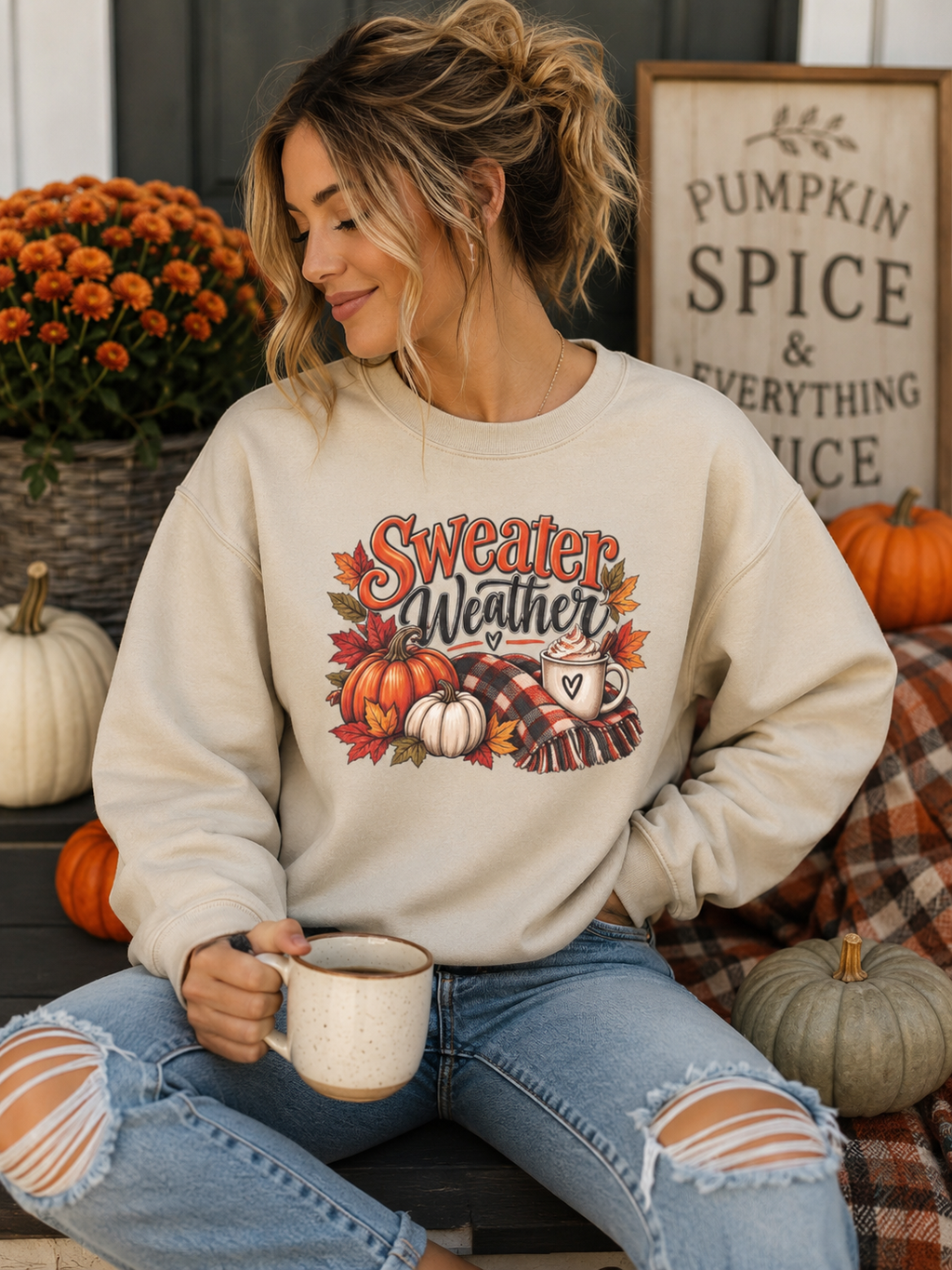Sweater Weather Crewneck Sweatshirt | Fall Pumpkin Coffee Autumn Leaves