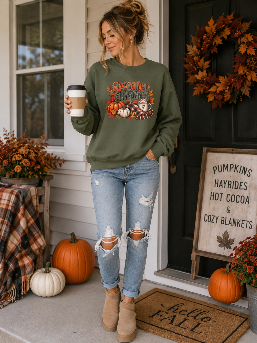 Sweater Weather Crewneck Sweatshirt | Fall Pumpkin Coffee Autumn Leaves