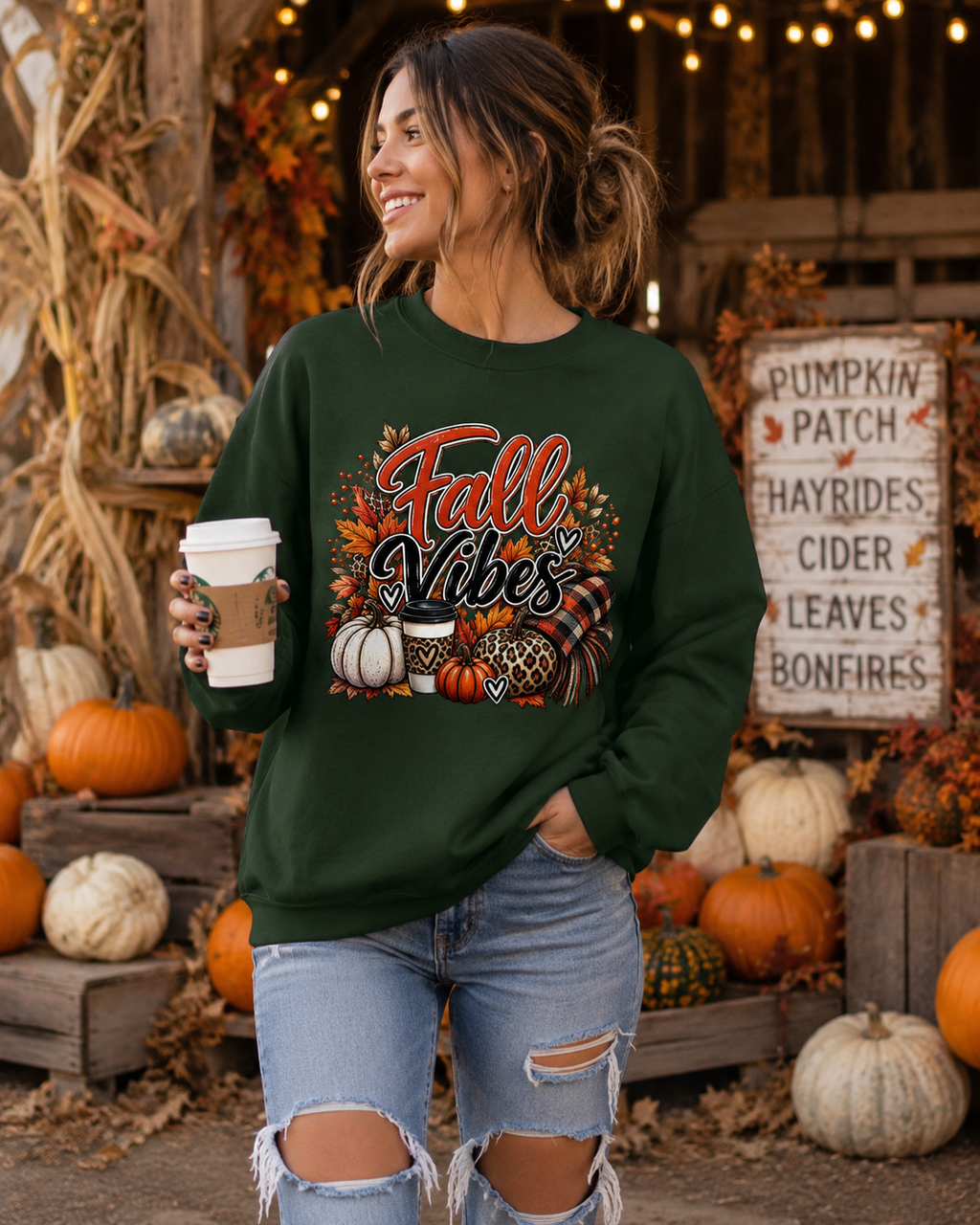 Fall Vibes Crewneck Sweatshirt | Pumpkin Leaves Plaid Autumn Design