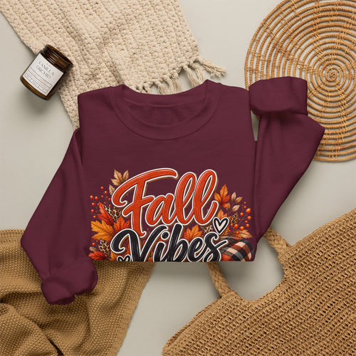 Fall Vibes Crewneck Sweatshirt | Pumpkin Leaves Plaid Autumn Design