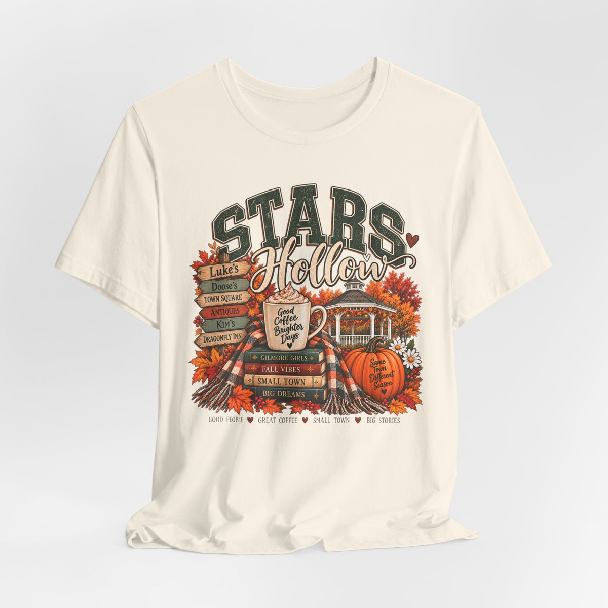 Stars Hollow Tee | Cozy Fall Coffee, Book Stack, Pumpkin Porch Design